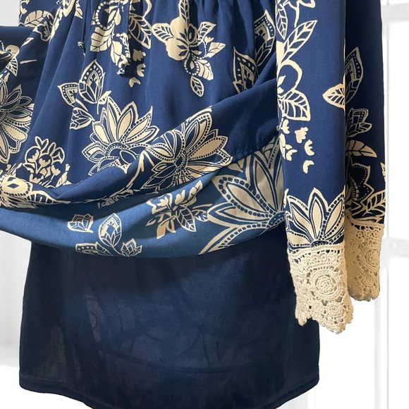 Blue & Cream Floral Bell Sleeve Dress with Crochet Lace Trim - Picture 5 of 7